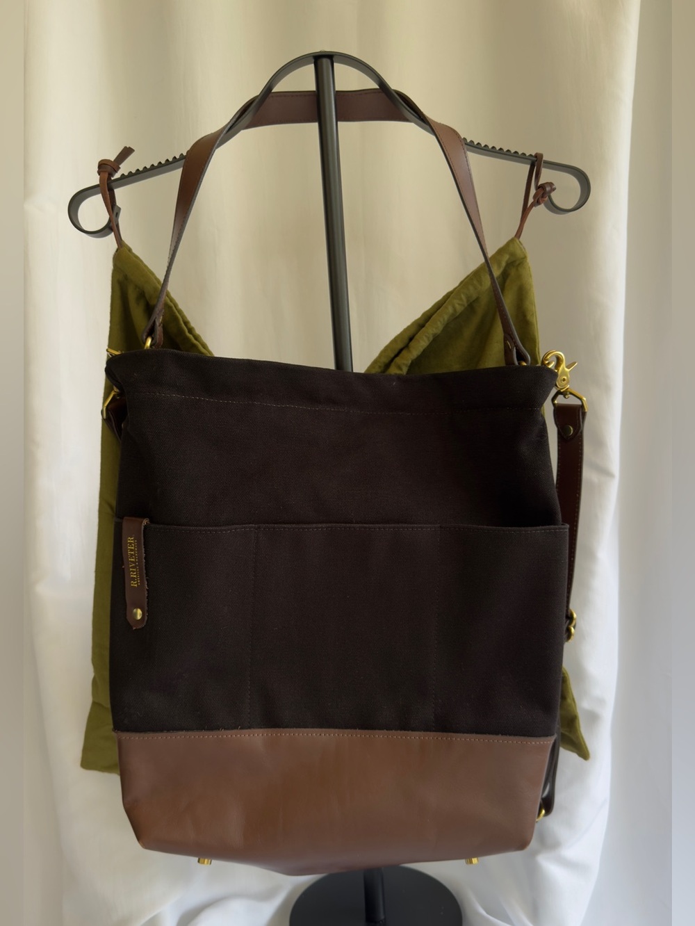 R. Riveter The Doyle Black Canvas and Brown Leather Bag